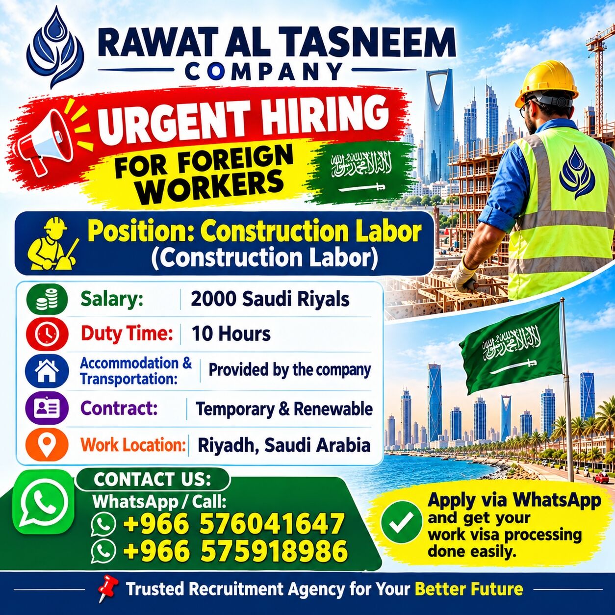 (𝙍𝘼𝙒𝘼𝙏 𝘼𝙇 𝙏𝘼𝙎𝙉𝙀𝙀𝙈) Company Urgent Hire- in Riyadh
