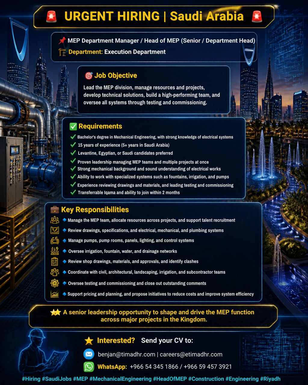 MEP Department Manager / Head Of MEP in Riyadh