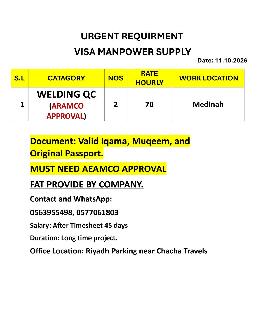 NEED ARAMCO APPROVAL WELDING QC