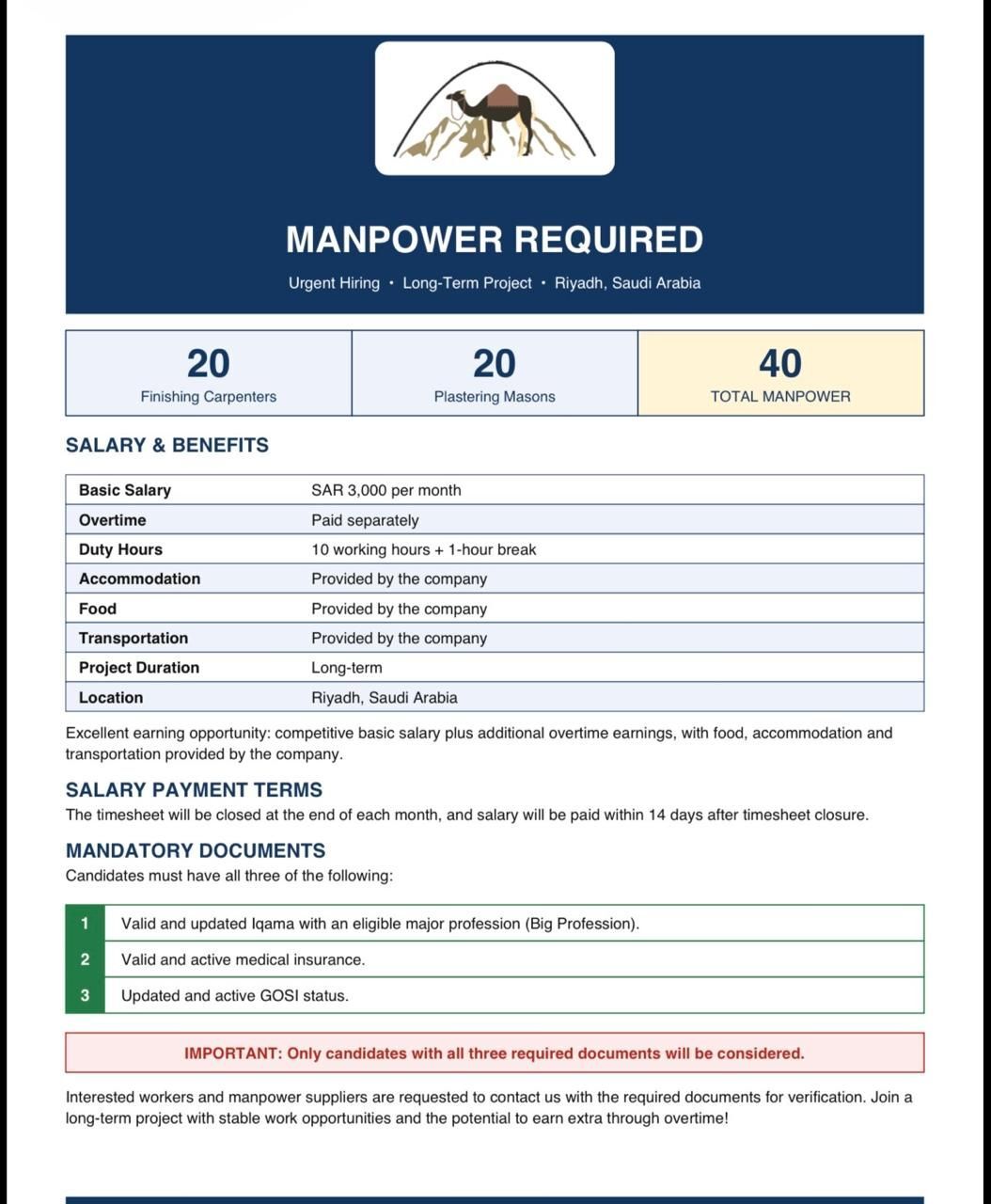 Riyadh,40 Manpower Required Plaster in Riyadh