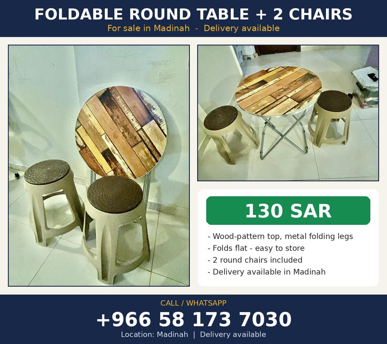 SAR 130, Foldable Table + 2 Chairs