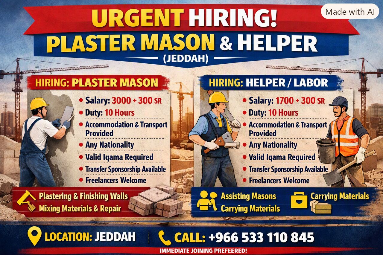 URGENT HIRING Plaster Mason & Helper (Jeddah)