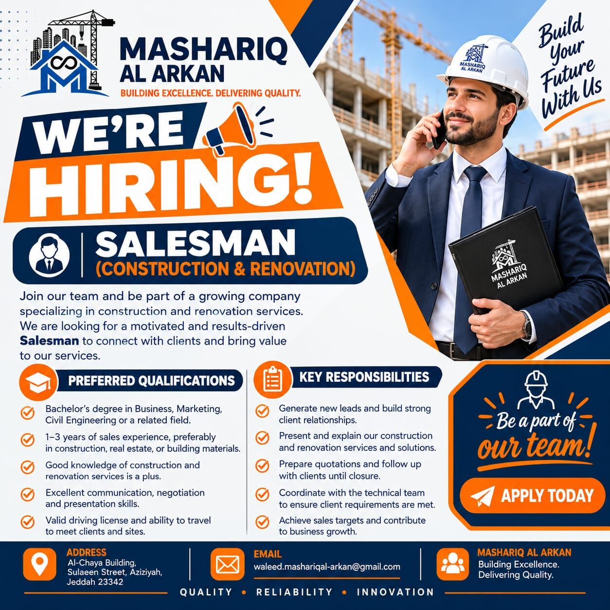 We're Hiring! Salesman- Construction & in Jeddah
