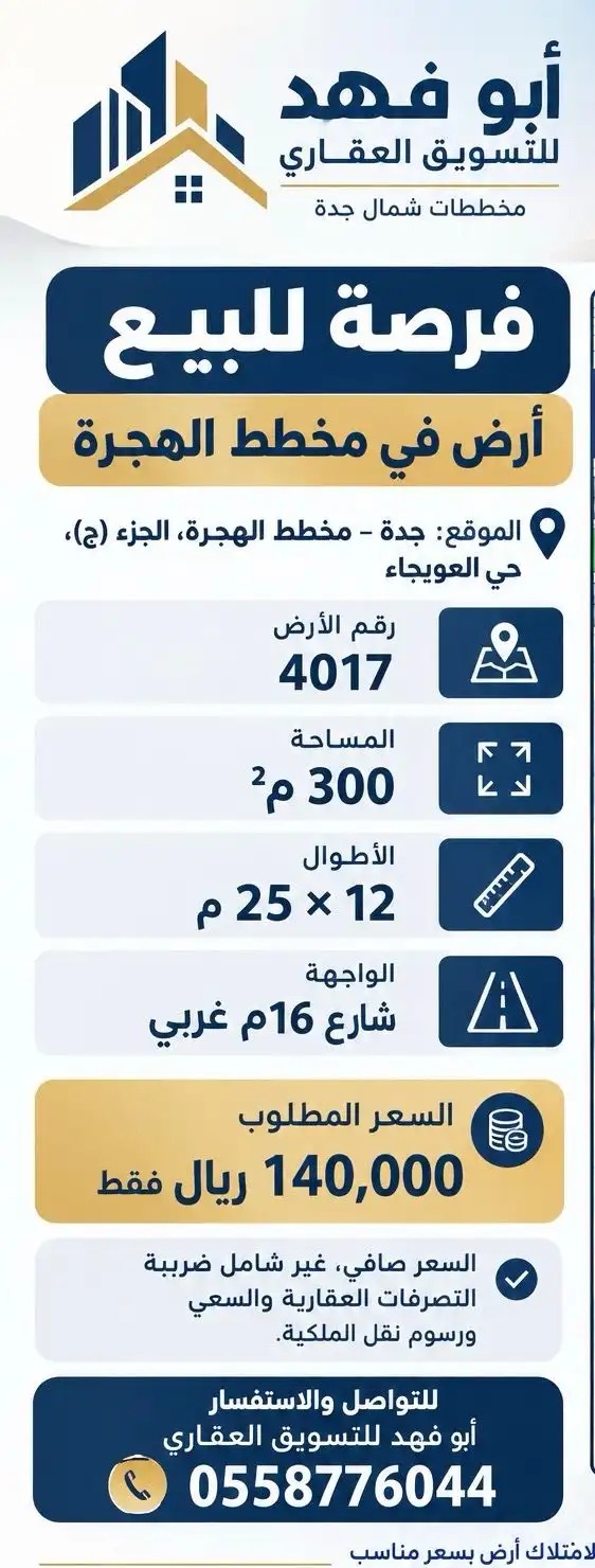 أرض في مخطط الهجرة ج حي العويجاء 300 م بسعر 140الف