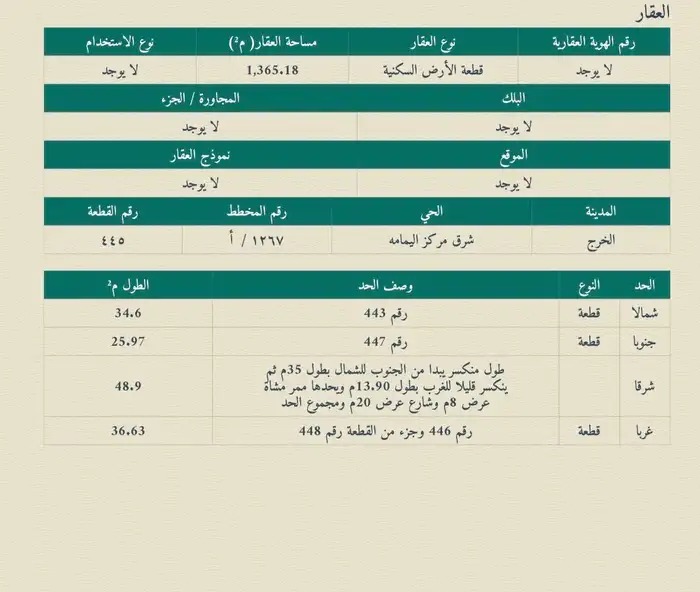 ارض سكنية بمساحة 1365م باليمامة بمحافظة الخرج