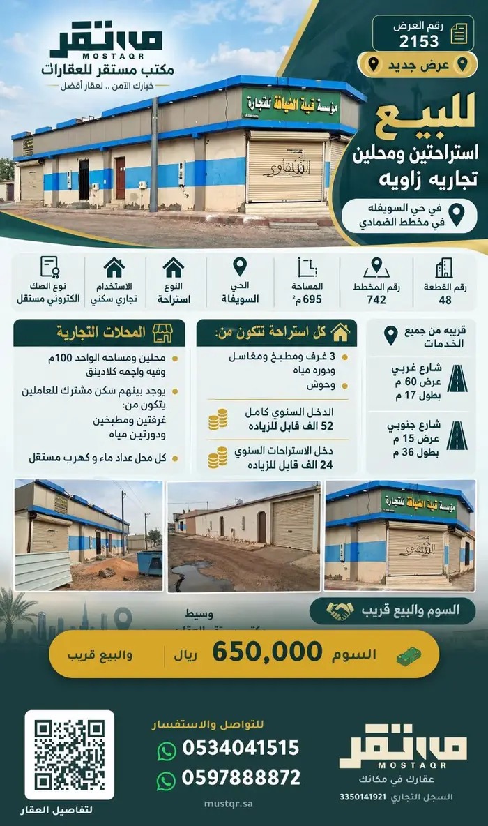 استراحتين ومحلين تجاريه زاويه في حي السويفله