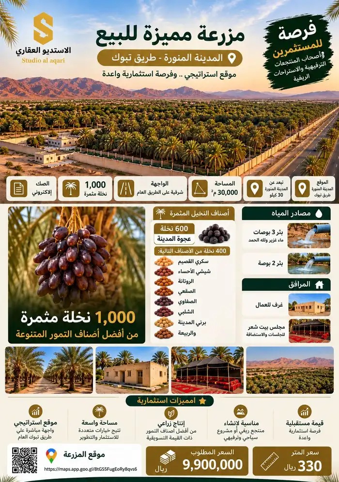 مزرعة مميزة على طريق تبوك م 30 الف ( 1000 نخلة)